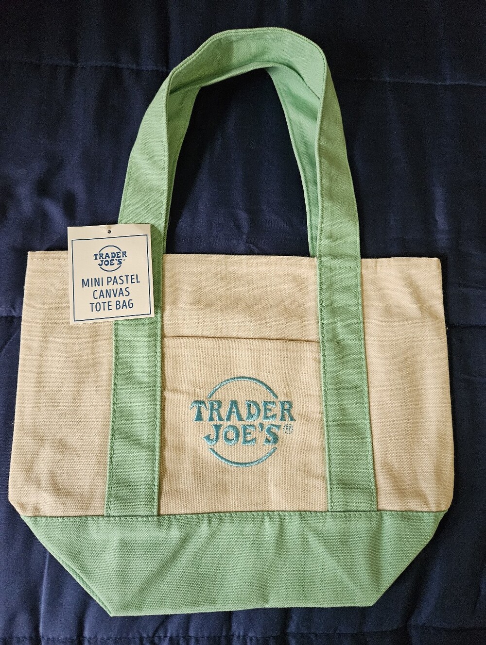 Trader Joe's Cream and Light Green Mini Canvas Tote Bag